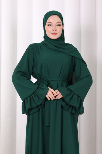 Şallı Fırfırlı Elbise 6085 Zümrüt - 6