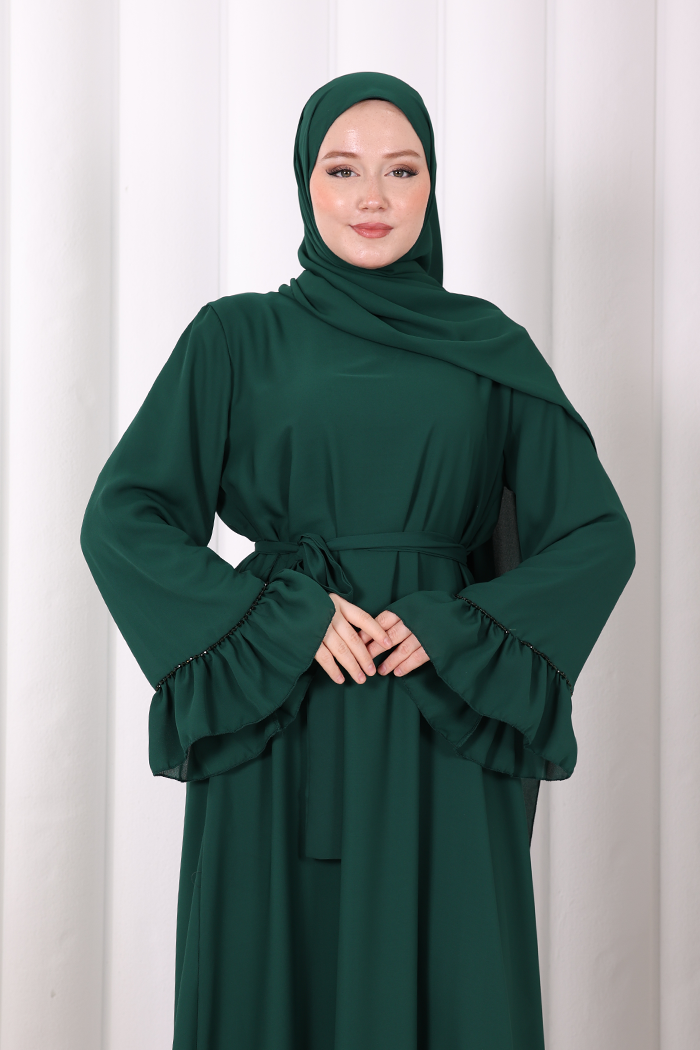 Şallı Fırfırlı Elbise 6085 Zümrüt - 6