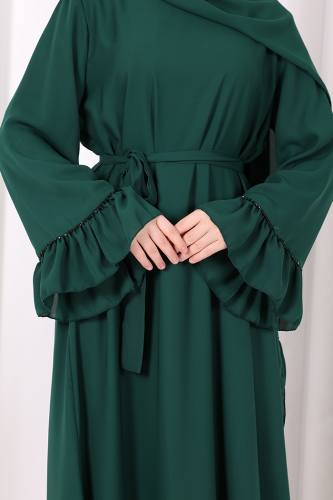 Şallı Fırfırlı Elbise 6085 Zümrüt - 7