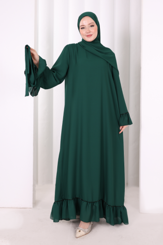 Şallı Fırfırlı Elbise 6085 Zümrüt - 8