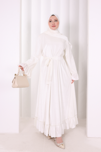 Şallı Fırfırlı Elbise 6086 Ekru