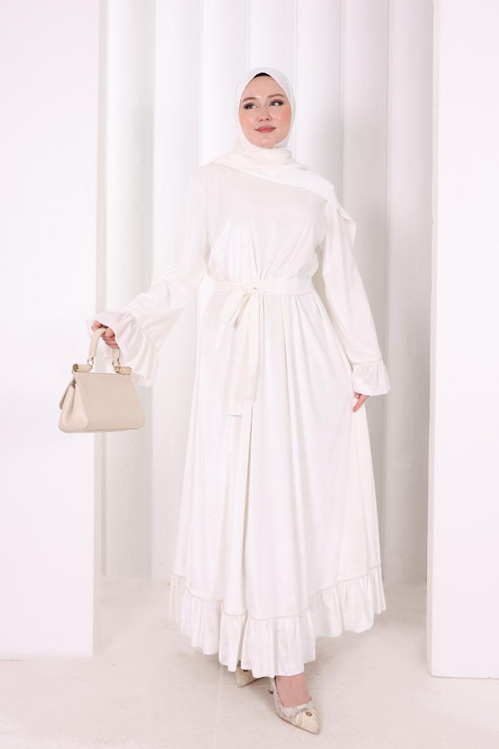 Şallı Fırfırlı Elbise 6086 Ekru - 1