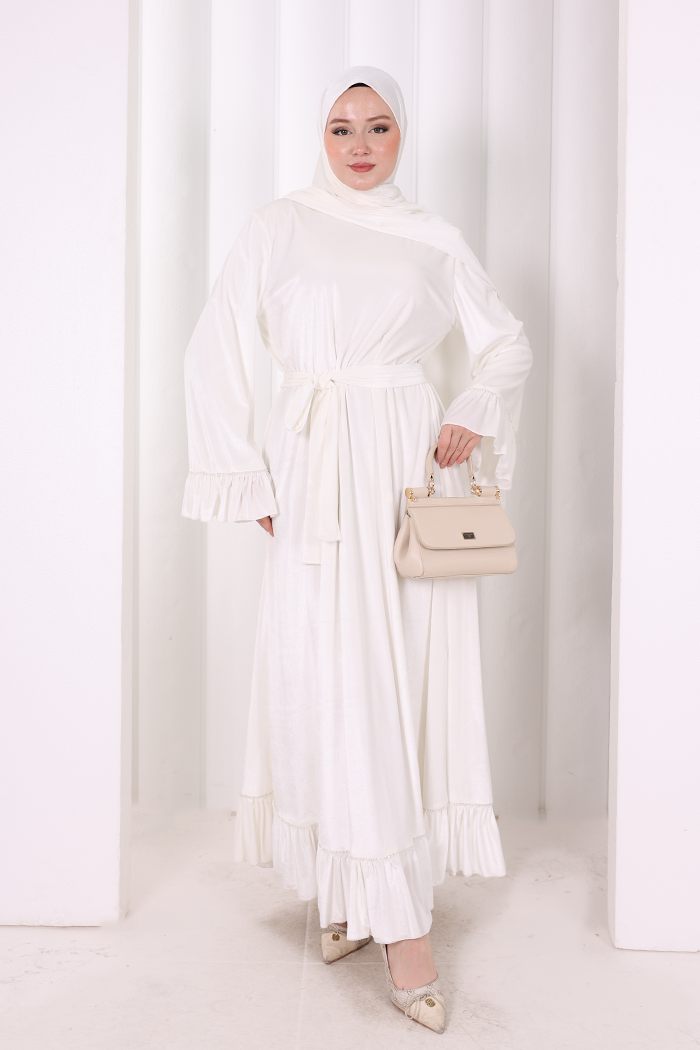 Şallı Fırfırlı Elbise 6086 Ekru - 2