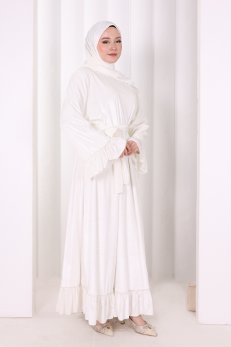 Şallı Fırfırlı Elbise 6086 Ekru - 3