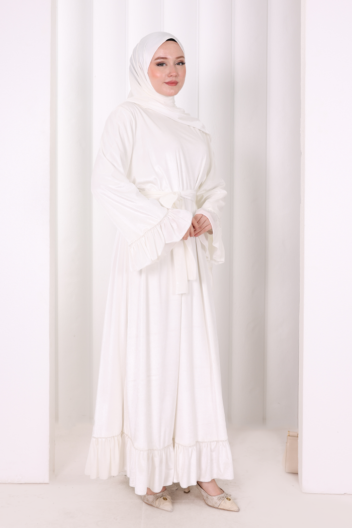 Şallı Fırfırlı Elbise 6086 Ekru - 3