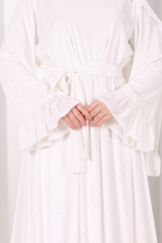 Şallı Fırfırlı Elbise 6086 Ekru - 6