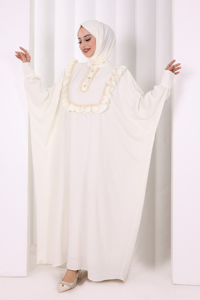 Şallı Fırfırlı Elbise 6088 Ekru - 3