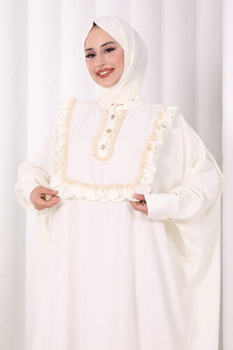 Şallı Fırfırlı Elbise 6088 Ekru - 5