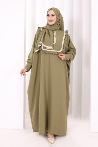 Şallı Fırfırlı Elbise 6088 Haki