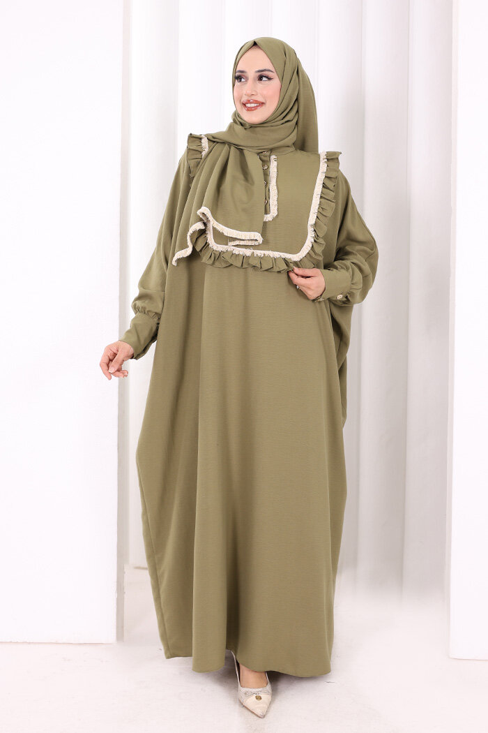 Şallı Fırfırlı Elbise 6088 Haki - 1