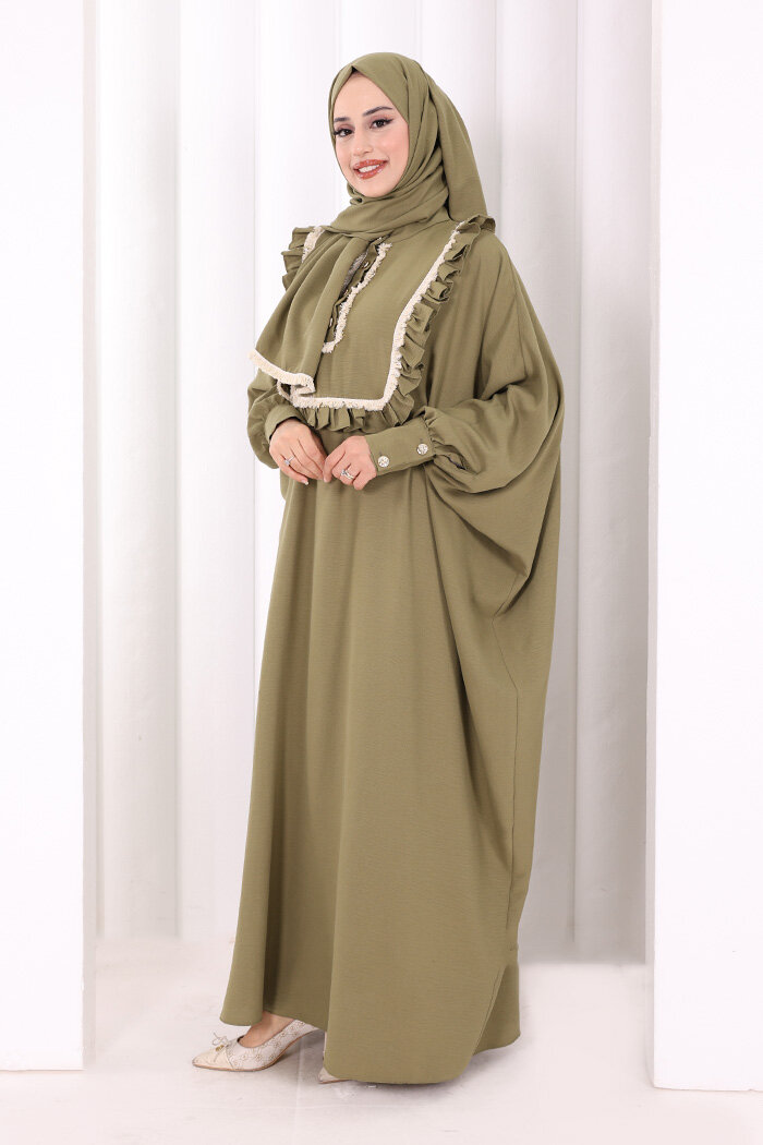 Şallı Fırfırlı Elbise 6088 Haki - 2