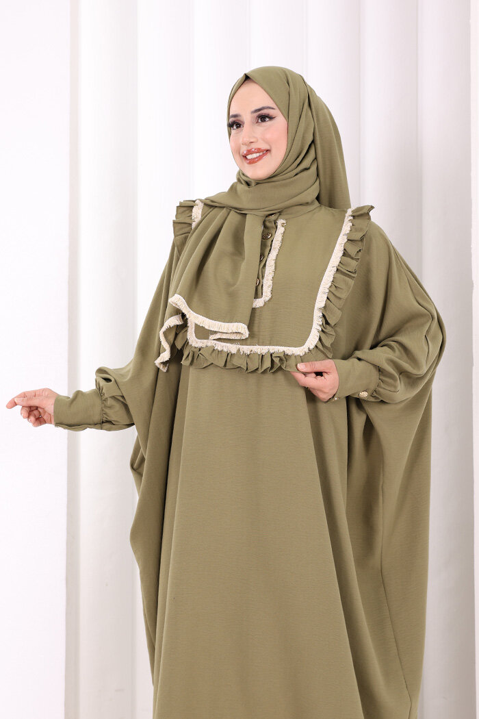 Şallı Fırfırlı Elbise 6088 Haki - 4