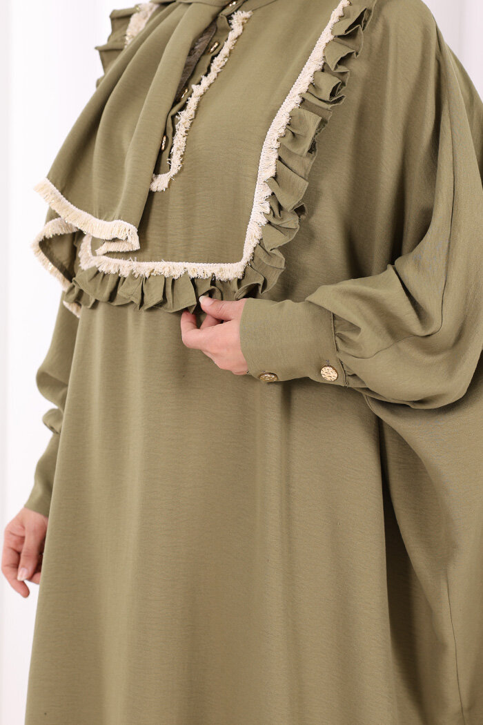 Şallı Fırfırlı Elbise 6088 Haki - 5