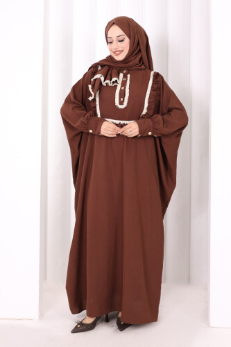 Şallı Fırfırlı Elbise 6088 Kahverengi