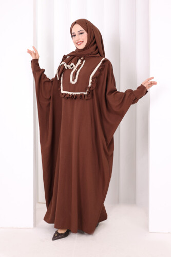 Şallı Fırfırlı Elbise 6088 Kahverengi - 2