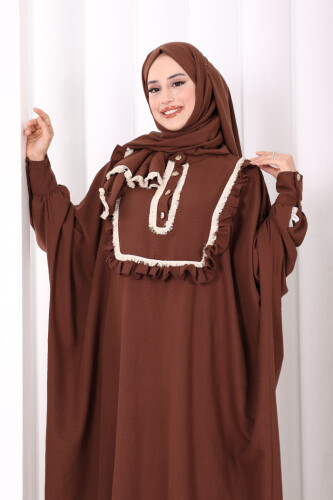 Şallı Fırfırlı Elbise 6088 Kahverengi - 4