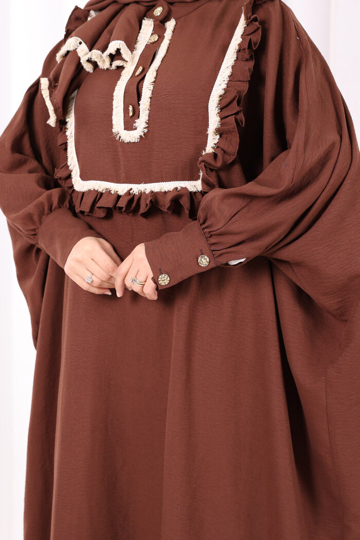 Şallı Fırfırlı Elbise 6088 Kahverengi - 5