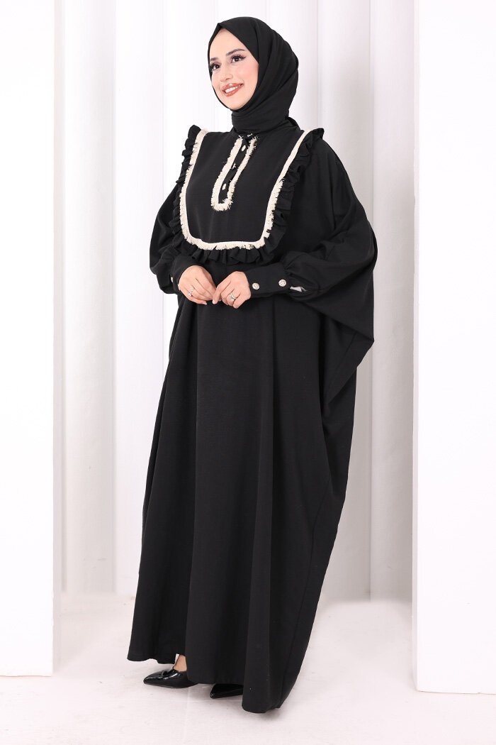 Şallı Fırfırlı Elbise 6088 Siyah - 3