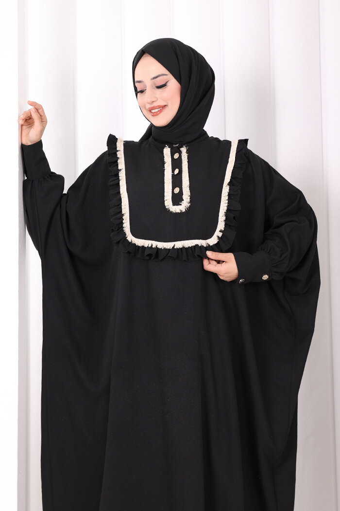 Şallı Fırfırlı Elbise 6088 Siyah - 5