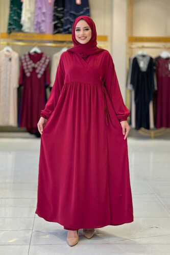 Şallı Kruvaze Namaz Elbisesi 6027 Bordo - Bym Fashion