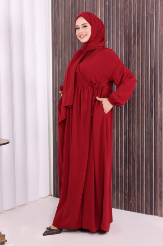 Şallı Kruvaze Namaz Elbisesi 6027 Bordo - 3