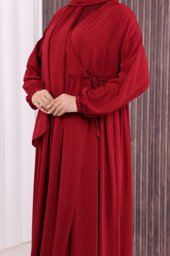 Şallı Kruvaze Namaz Elbisesi 6027 Bordo - 6