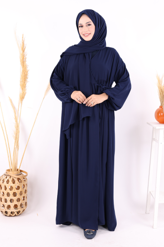 Şallı Kruvaze Namaz Elbisesi 6027 Lacivert 