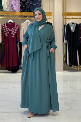 Şallı Kruvaze Namaz Elbisesi 6027 Mint - Bym Fashion