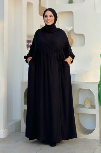 Şallı Kruvaze Namaz Elbisesi 6027 Siyah - Bym Fashion