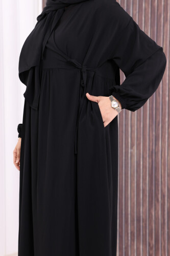 Şallı Kruvaze Namaz Elbisesi 6027 Siyah - 6