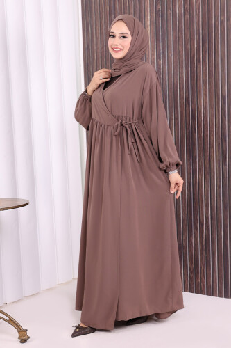 Şallı Kruvaze Namaz Elbisesi  6027 Vizon - 3