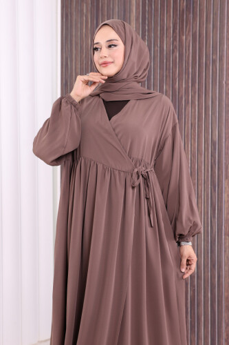 Şallı Kruvaze Namaz Elbisesi  6027 Vizon - 5