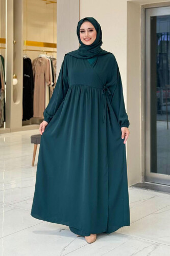 Şallı Kruvaze Namaz Elbisesi 6027 Zümrüt - Bym Fashion