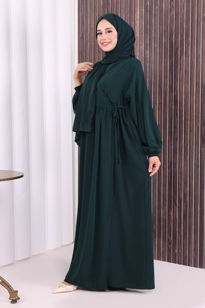 Şallı Kruvaze Namaz Elbisesi  6027 Zümrüt - 6