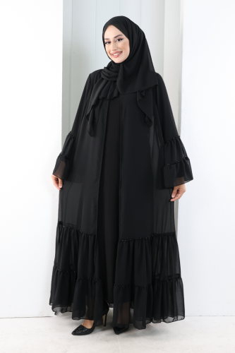 Şallı Taşlı Abaya 7094 Siyah
