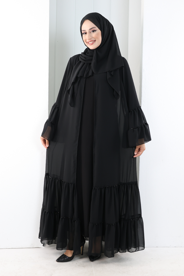 Şallı Taşlı Abaya 7094 Siyah - 1
