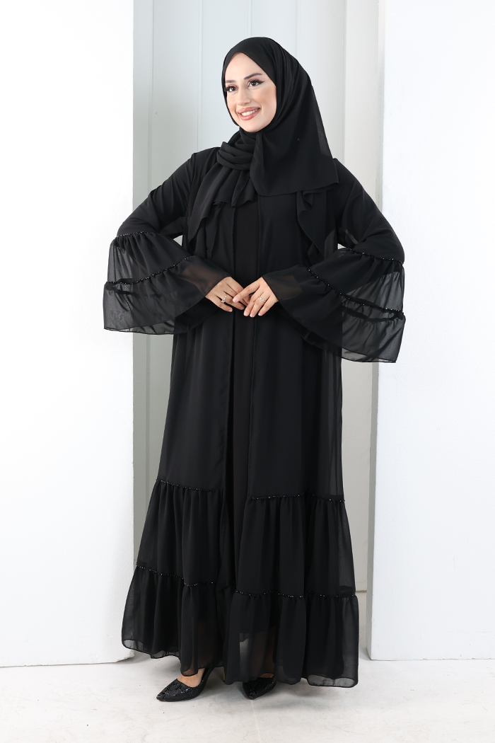 Şallı Taşlı Abaya 7094 Siyah - 2