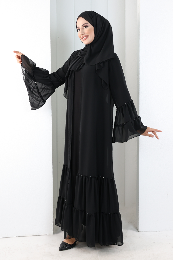 Şallı Taşlı Abaya 7094 Siyah - 3