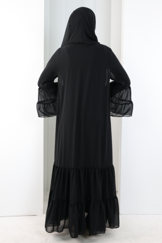 Şallı Taşlı Abaya 7094 Siyah - 4