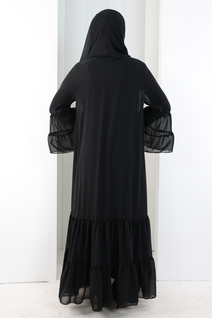 Şallı Taşlı Abaya 7094 Siyah - 4