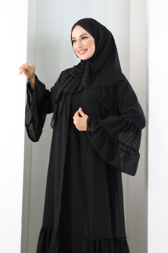 Şallı Taşlı Abaya 7094 Siyah - 5