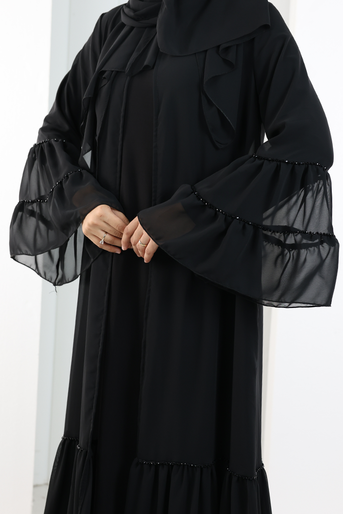 Şallı Taşlı Abaya 7094 Siyah - 6