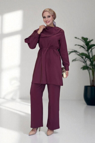 Sedef Kumaş Tunik Pantolon İkili Takım 8693 Bordo 