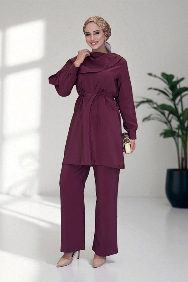 Sedef Kumaş Tunik Pantolon İkili Takım 8693 Bordo - 1