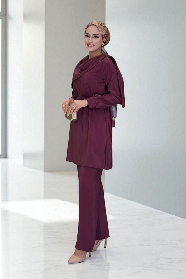 Sedef Kumaş Tunik Pantolon İkili Takım 8693 Bordo - 3