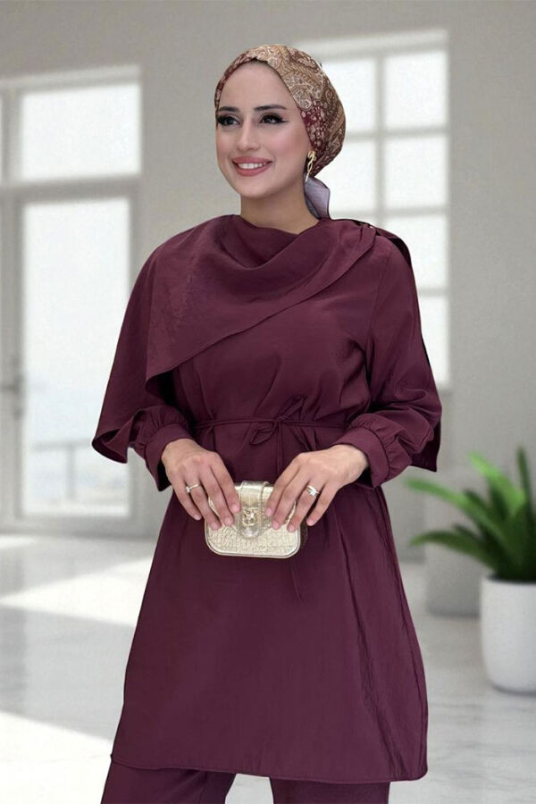 Sedef Kumaş Tunik Pantolon İkili Takım 8693 Bordo - 4