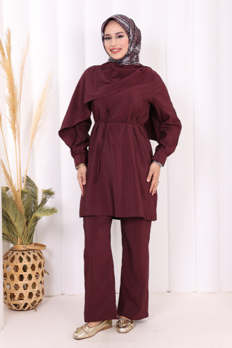 Sedef Kumaş Tunik Pantolon İkili Takım 8693 Bordo 