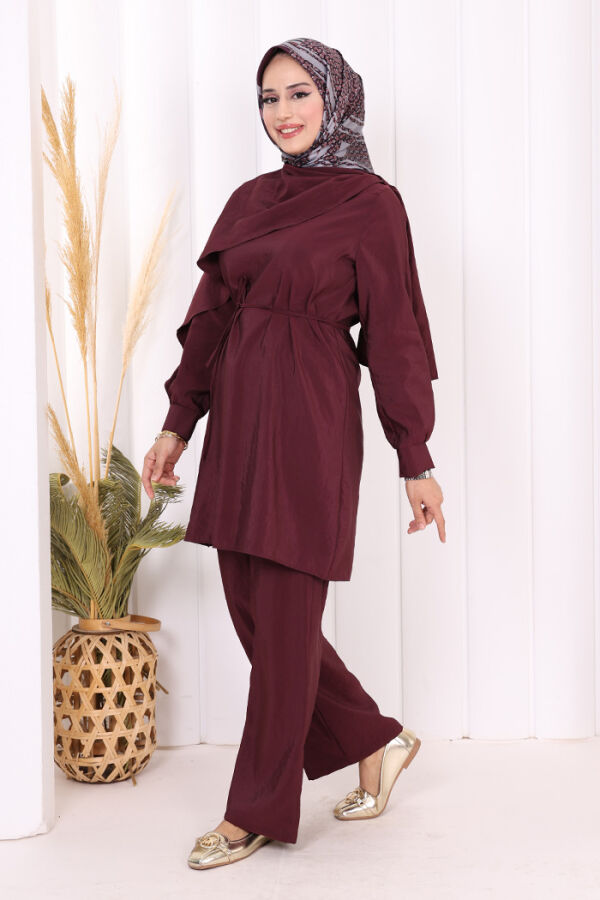 Sedef Kumaş Tunik Pantolon İkili Takım 8693 Bordo - 2