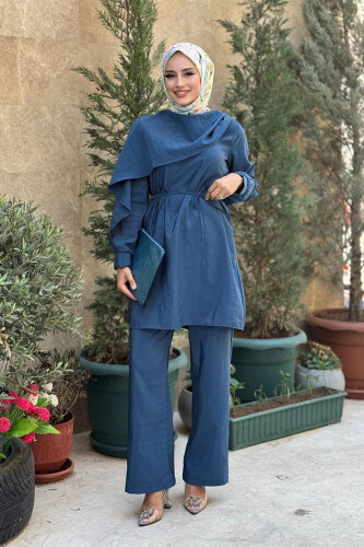 Sedef Kumaş Tunik Pantolon İkili Takım 8693 İndigo - 1