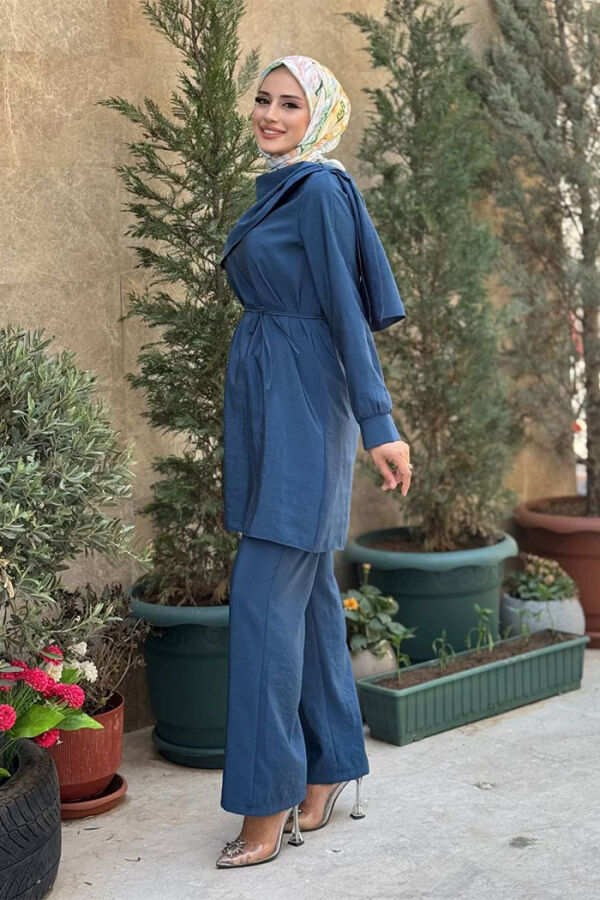 Sedef Kumaş Tunik Pantolon İkili Takım 8693 İndigo - 3
